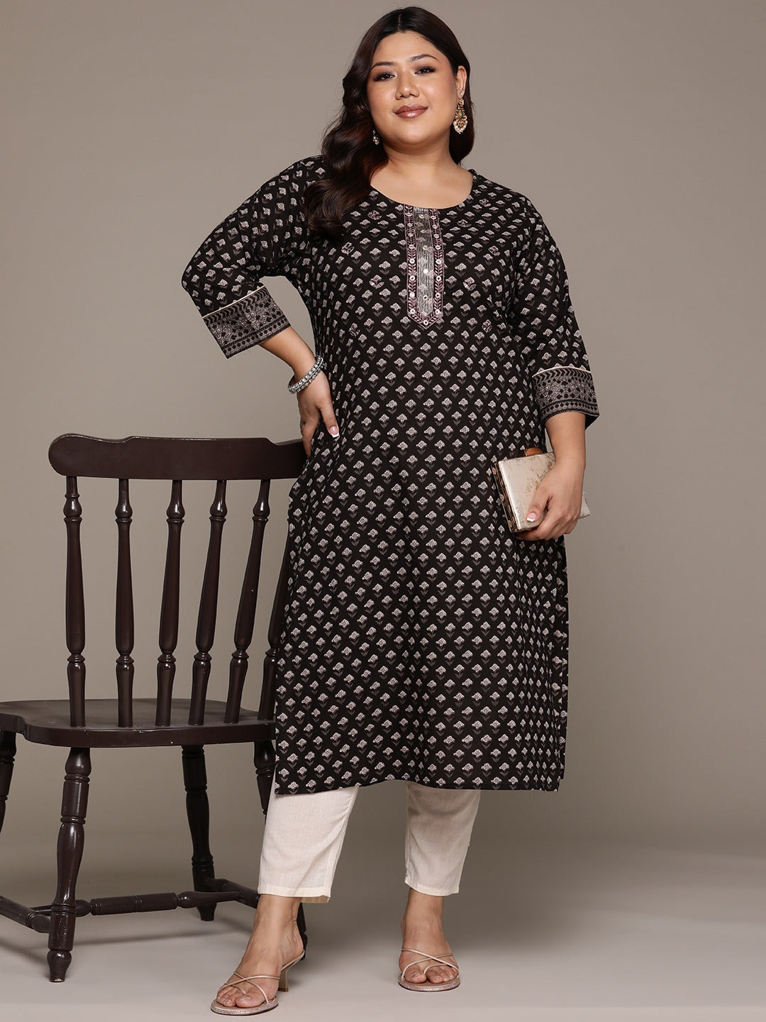 Plus Size Straight style Cotton fabric Black color kurta
