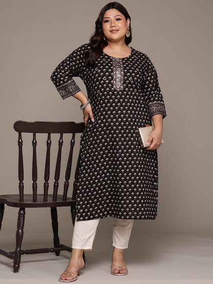 Plus Size Straight style Cotton fabric Black color kurta