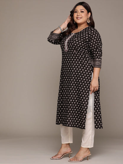 Plus Size Straight style Cotton fabric Black color kurta