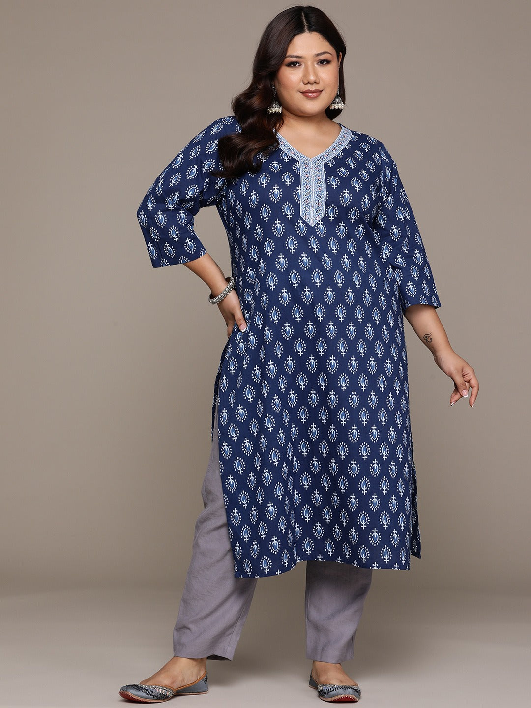 Plus Size Straight style Cotton fabric Navy Blue color kurta