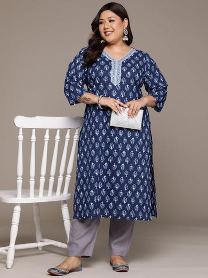 Plus Size Straight style Cotton fabric Navy Blue color kurta