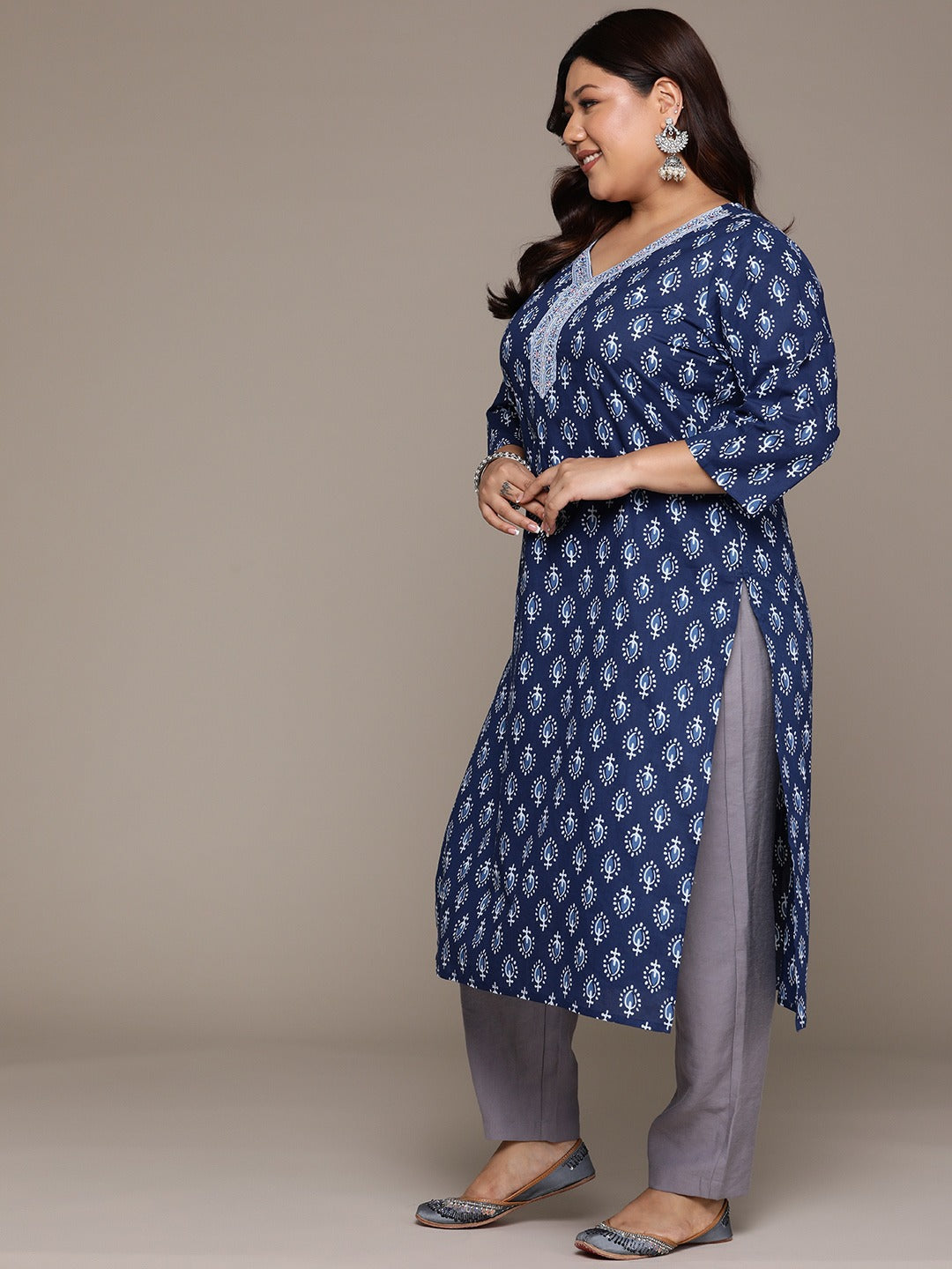 Plus Size Straight style Cotton fabric Navy Blue color kurta