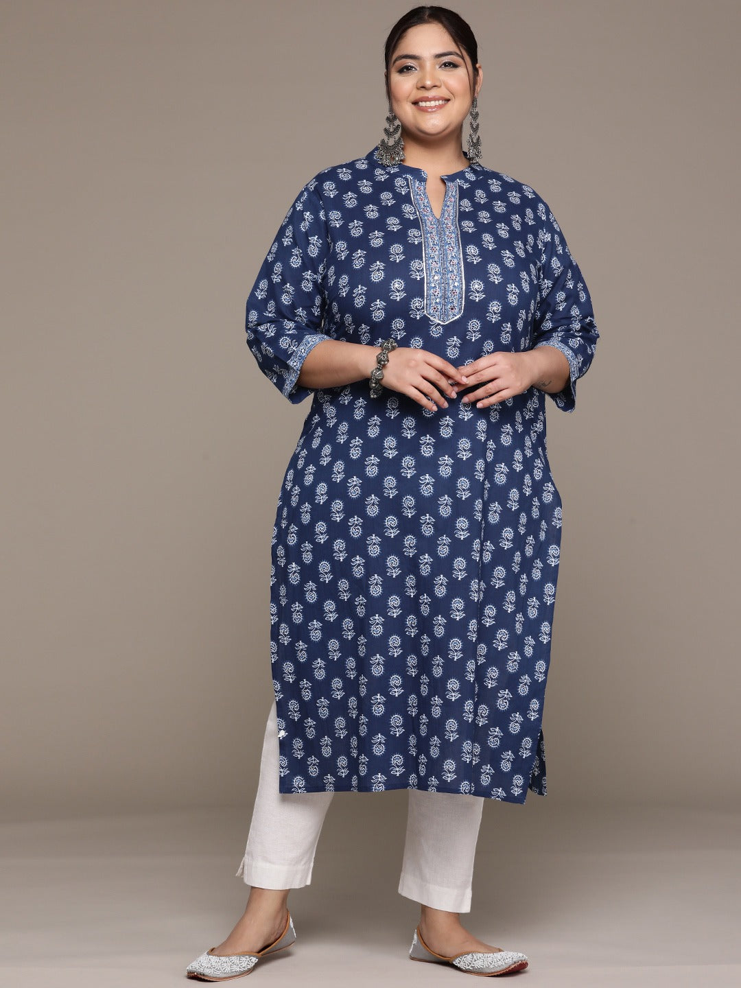Plus Size Straight style Cotton fabric Navy Blue color kurta