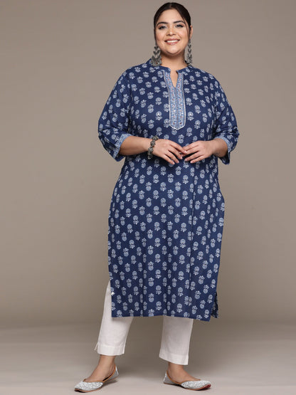 Plus Size Straight style Cotton fabric Navy Blue color kurta