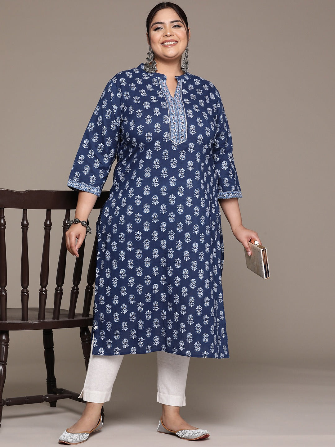 Plus Size Straight style Cotton fabric Navy Blue color kurta