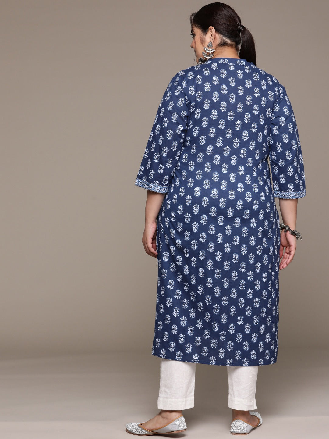 Plus Size Straight style Cotton fabric Navy Blue color kurta