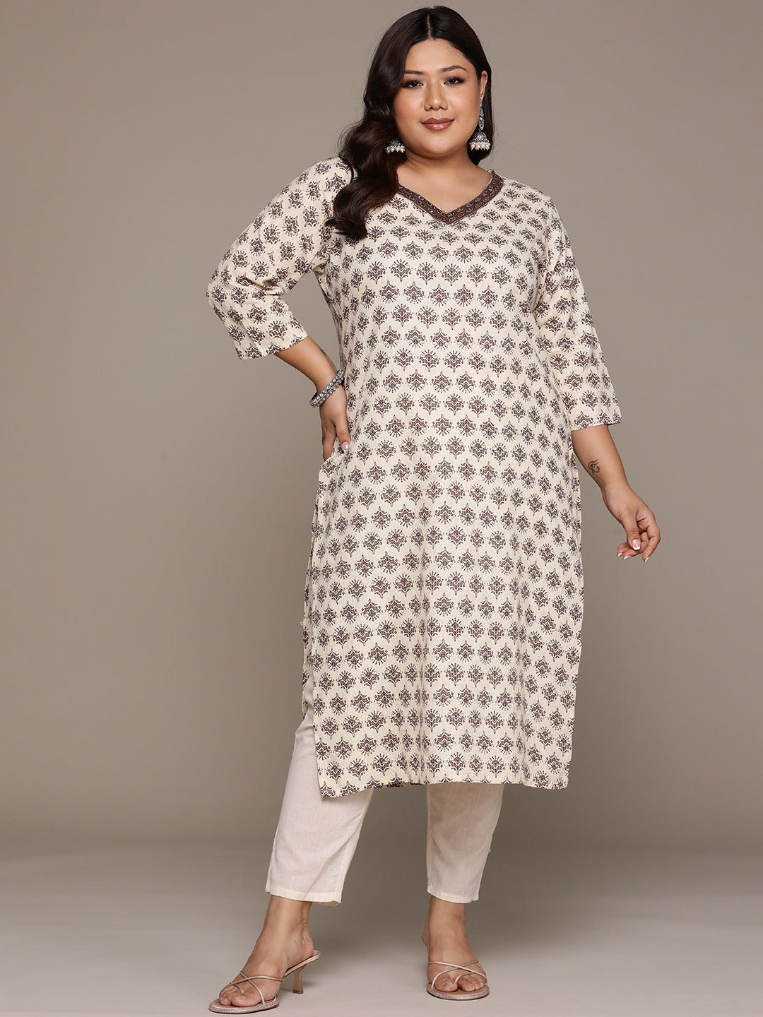 Plus Size Straight style Cotton fabric Beige color kurta