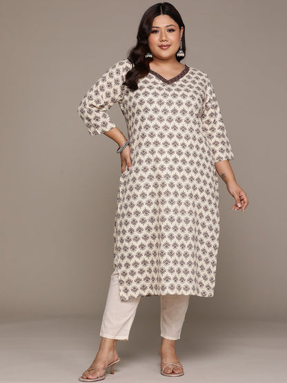 Plus Size Straight style Cotton fabric Beige color kurta