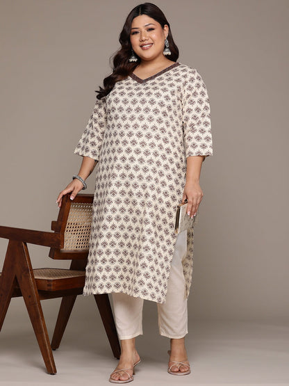 Plus Size Straight style Cotton fabric Beige color kurta