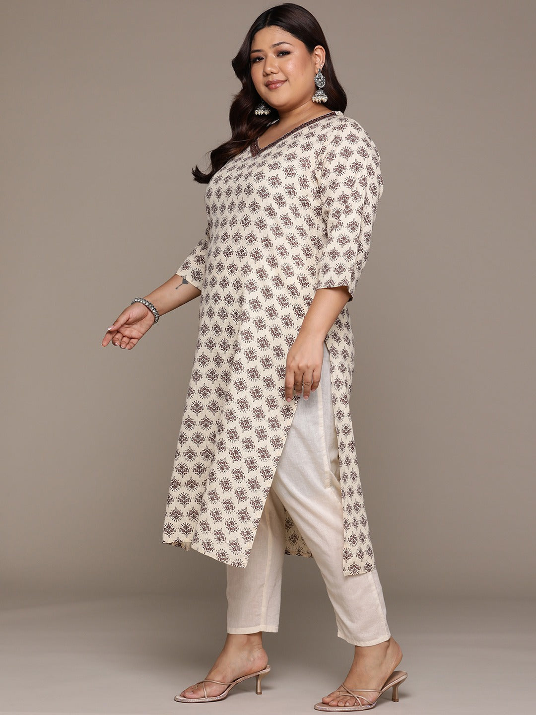 Plus Size Straight style Cotton fabric Beige color kurta