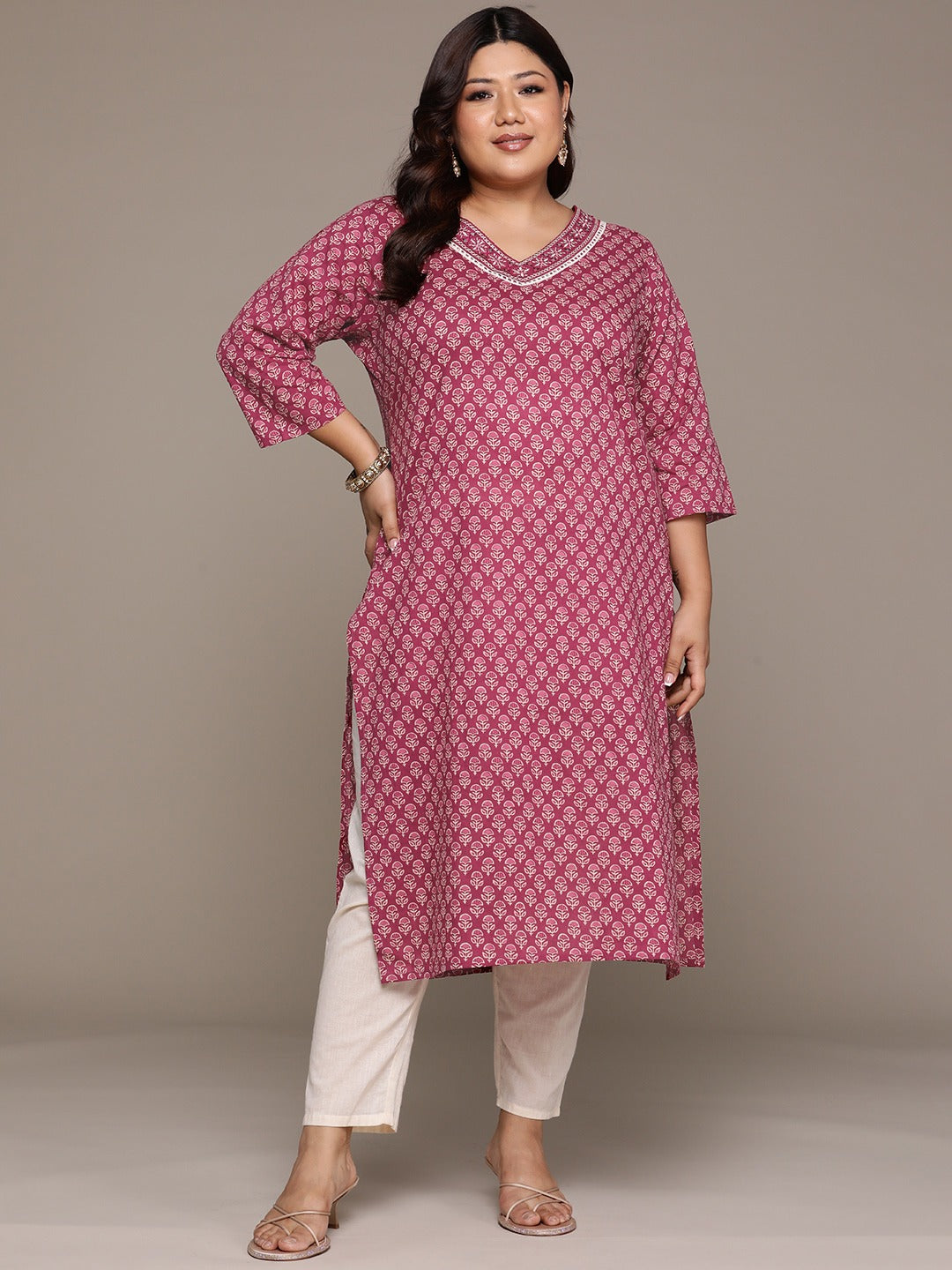 Plus Size Straight style Cotton fabric Burgundy color kurta