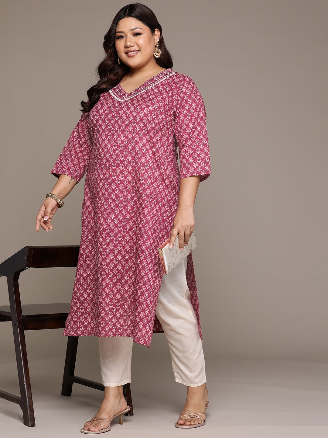 Plus Size Straight style Cotton fabric Burgundy color kurta