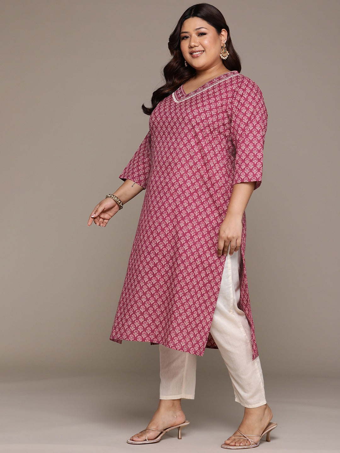 Plus Size Straight style Cotton fabric Burgundy color kurta