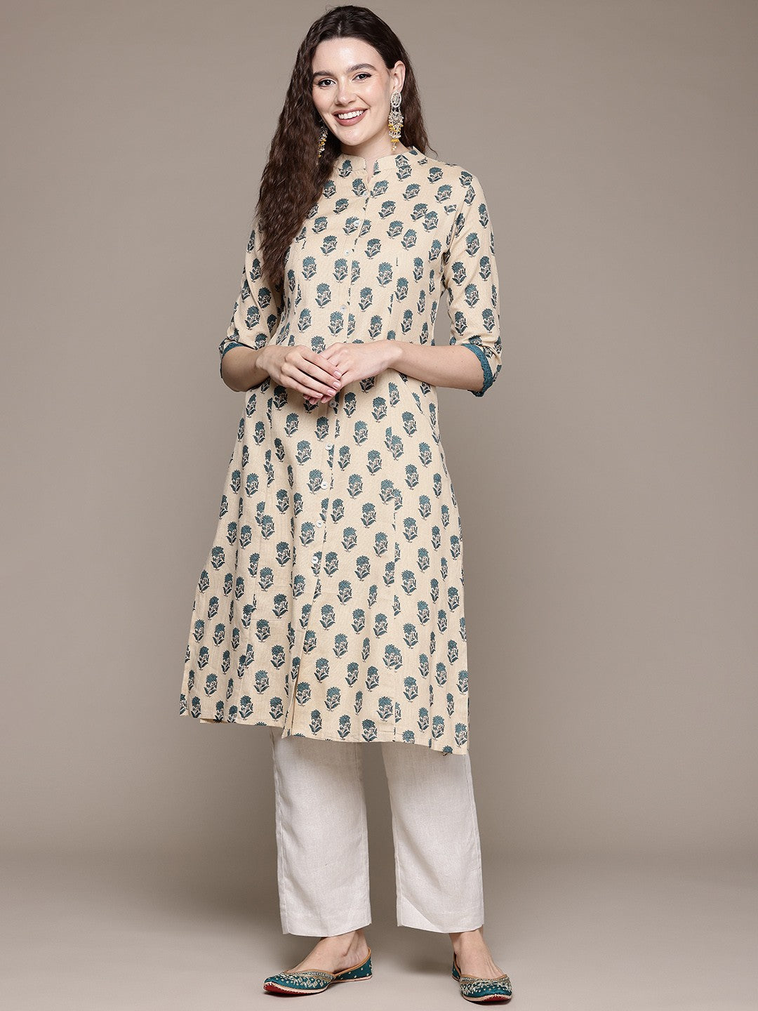 A Line Style Cotton Fabric Teal Color Kurta