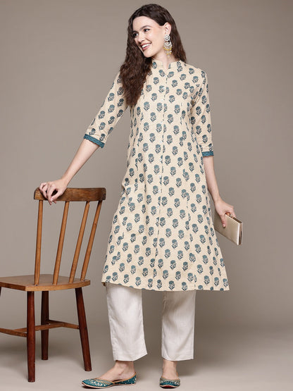 A Line Style Cotton Fabric Teal Color Kurta