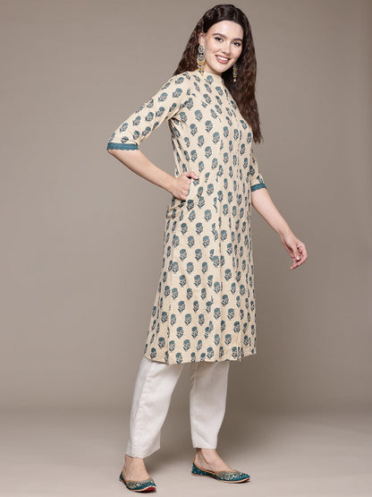 A Line Style Cotton Fabric Teal Color Kurta