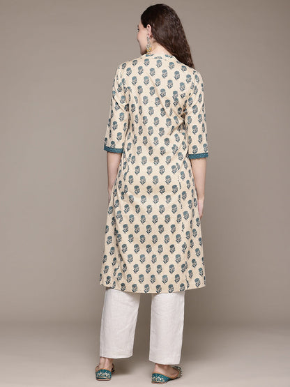 A Line Style Cotton Fabric Teal Color Kurta