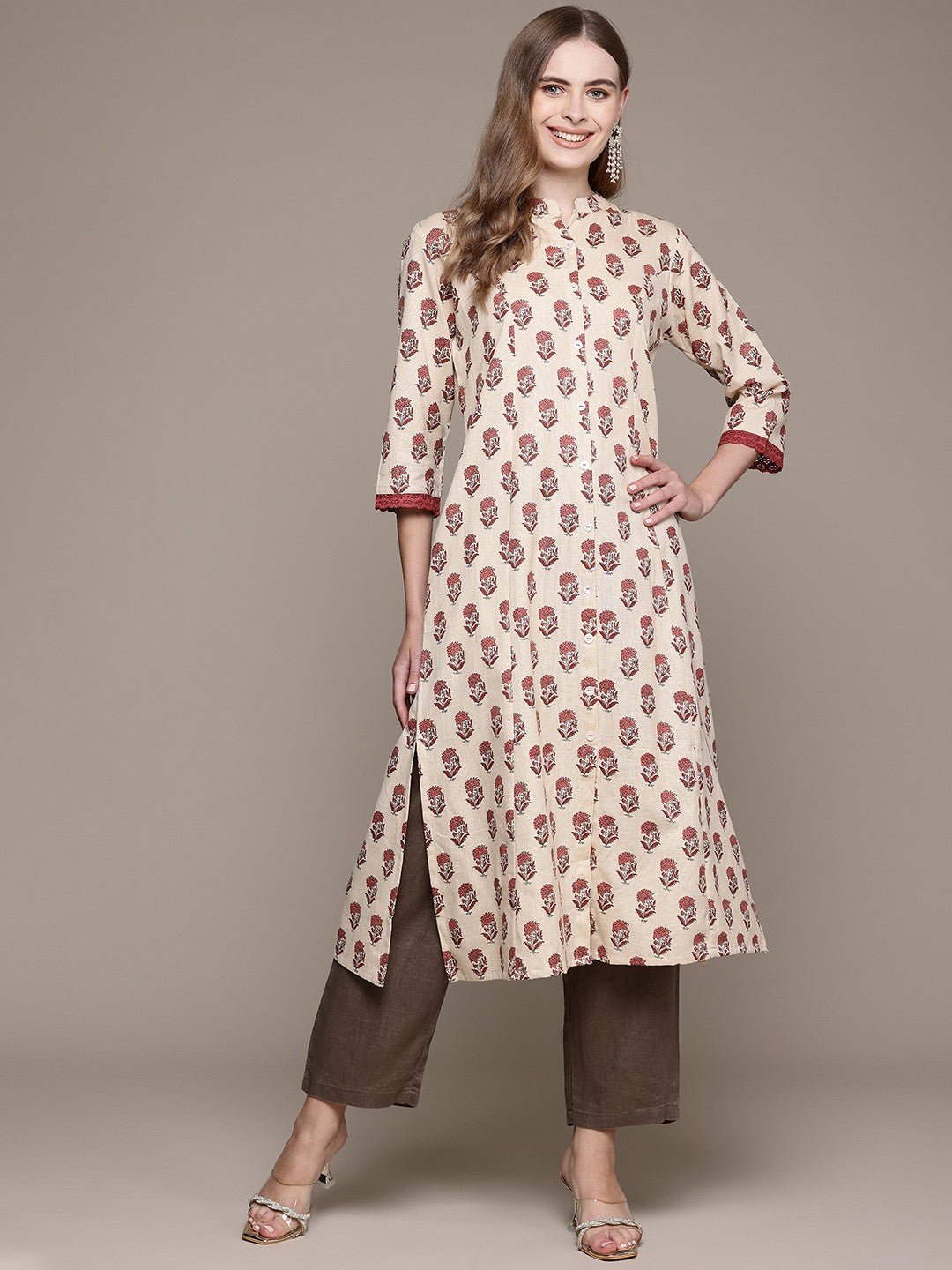 A Line Style Cotton Fabric Red Color Kurta