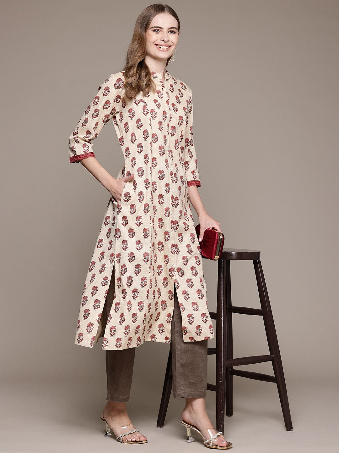 A Line Style Cotton Fabric Red Color Kurta