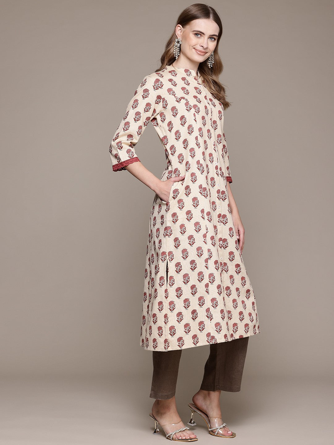 A Line Style Cotton Fabric Red Color Kurta