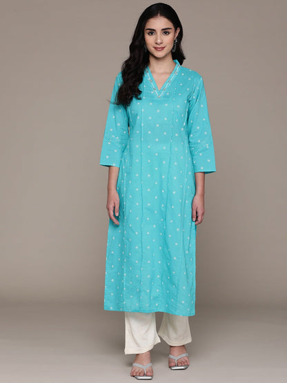 Straight Style Cotton Fabric Blue Color Kurta