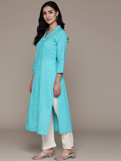 Straight Style Cotton Fabric Blue Color Kurta