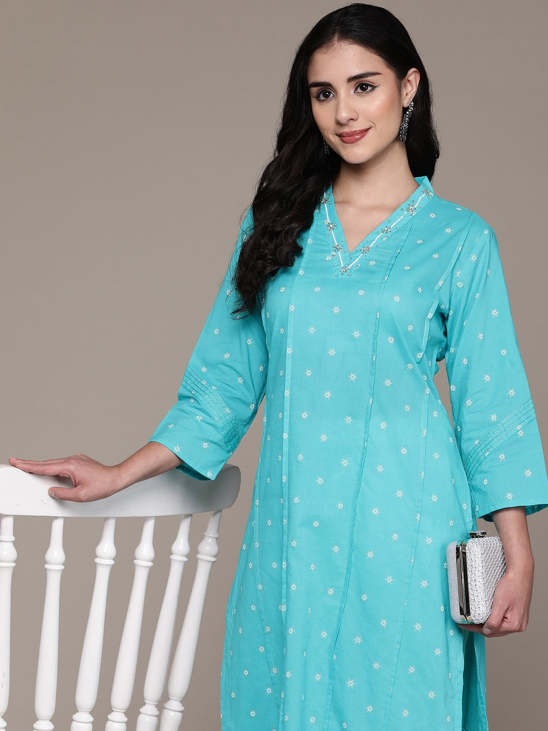 Straight Style Cotton Fabric Blue Color Kurta