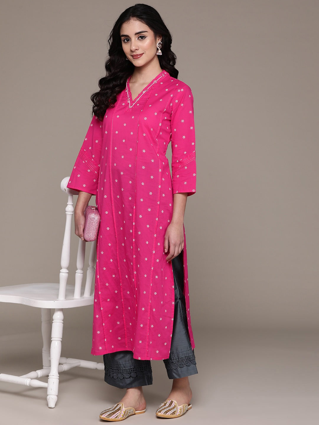 Straight Style Cotton Fabric Pink Color Kurta