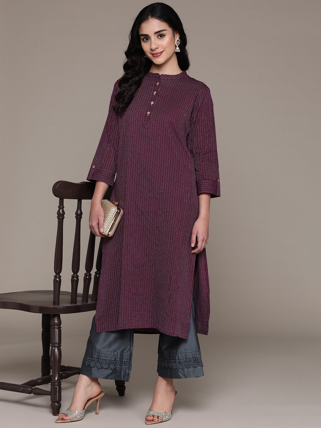 A Line Style Cotton Fabric Purple Color Kurta