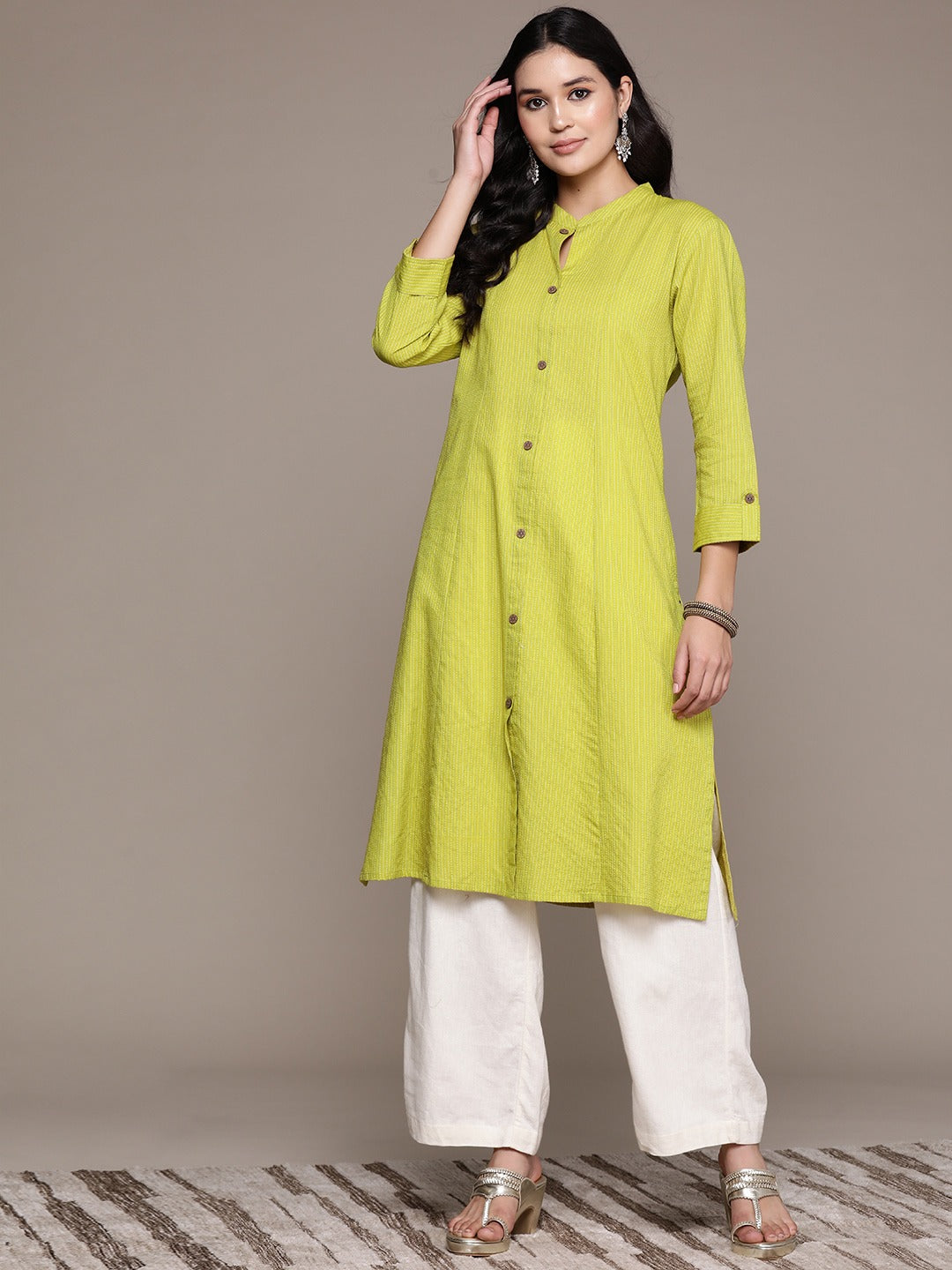 A Line Style Cotton Fabric Lime Green Color Kurta