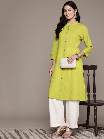 A Line Style Cotton Fabric Lime Green Color Kurta