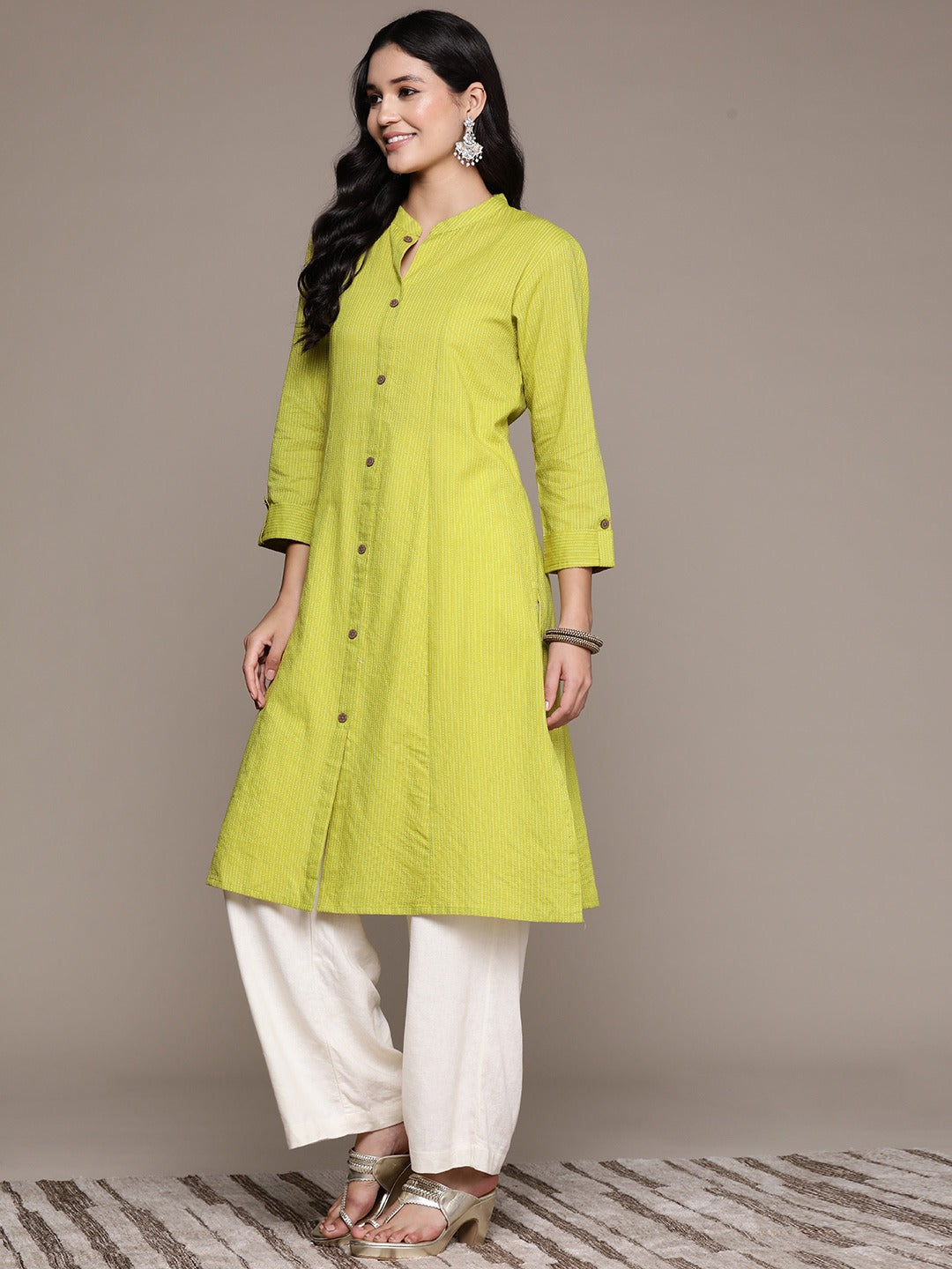 A Line Style Cotton Fabric Lime Green Color Kurta