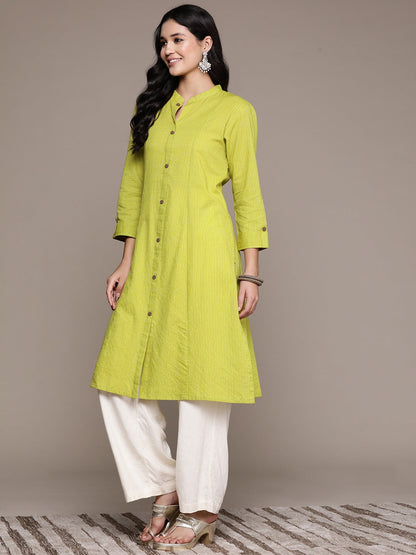 A Line Style Cotton Fabric Lime Green Color Kurta