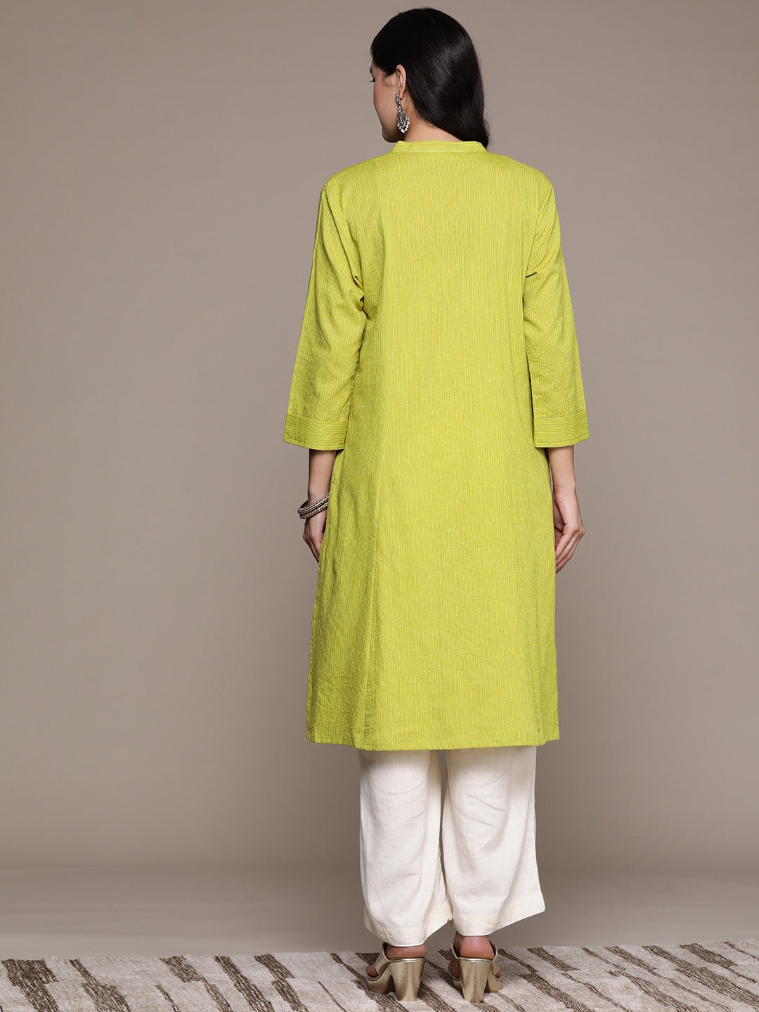 A Line Style Cotton Fabric Lime Green Color Kurta