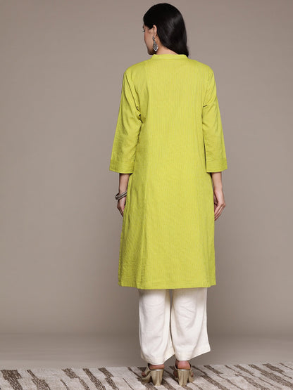 A Line Style Cotton Fabric Lime Green Color Kurta
