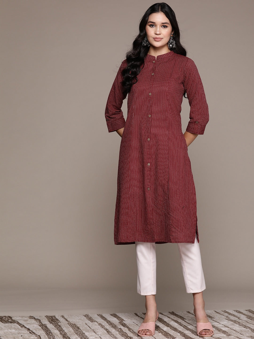A Line Style Cotton Fabric Maroon Color Kurta