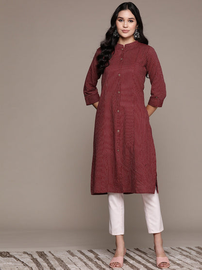 A Line Style Cotton Fabric Maroon Color Kurta