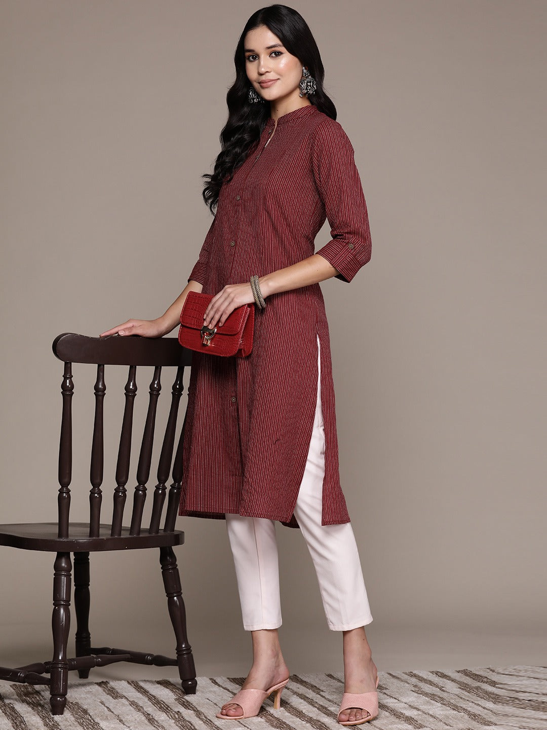 A Line Style Cotton Fabric Maroon Color Kurta