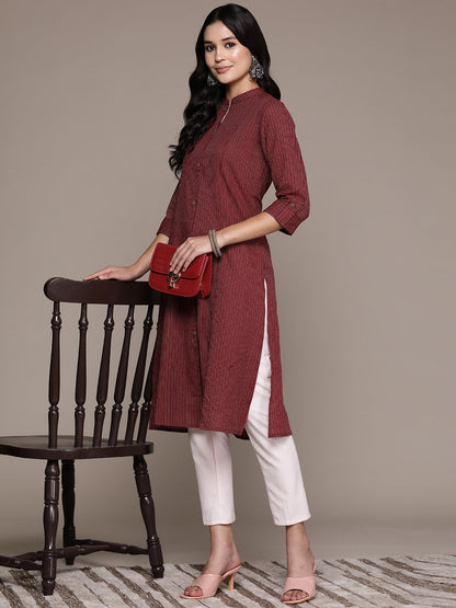 A Line Style Cotton Fabric Maroon Color Kurta