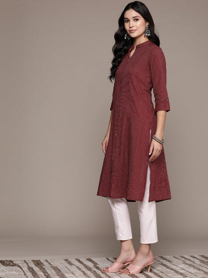 A Line Style Cotton Fabric Maroon Color Kurta