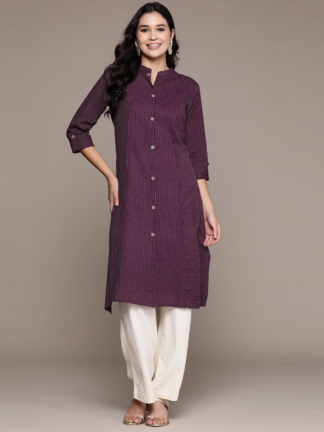A Line Style Cotton Fabric Violet Color Kurta