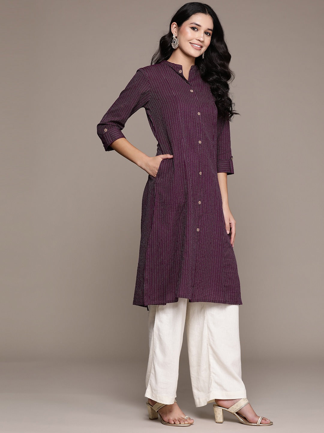 A Line Style Cotton Fabric Violet Color Kurta