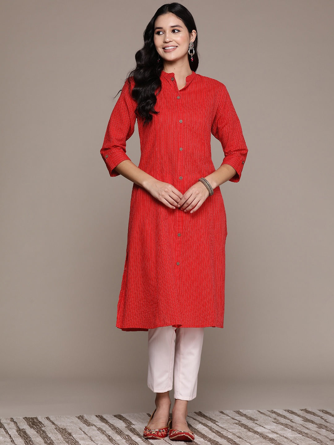 A Line Style Cotton Fabric Red Color Kurta