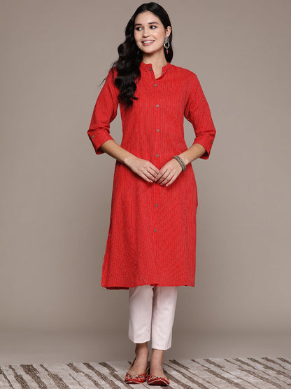 A Line Style Cotton Fabric Red Color Kurta