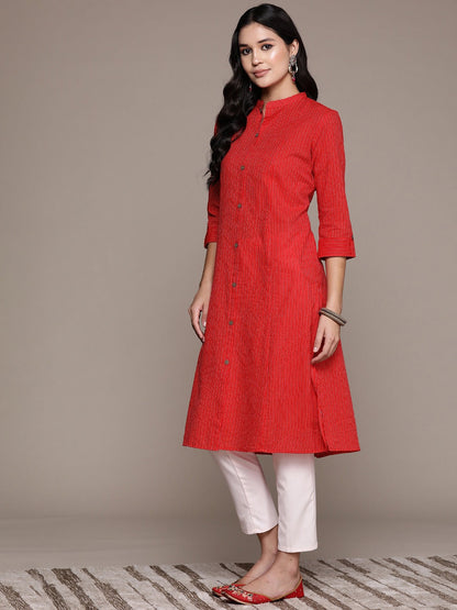 A Line Style Cotton Fabric Red Color Kurta