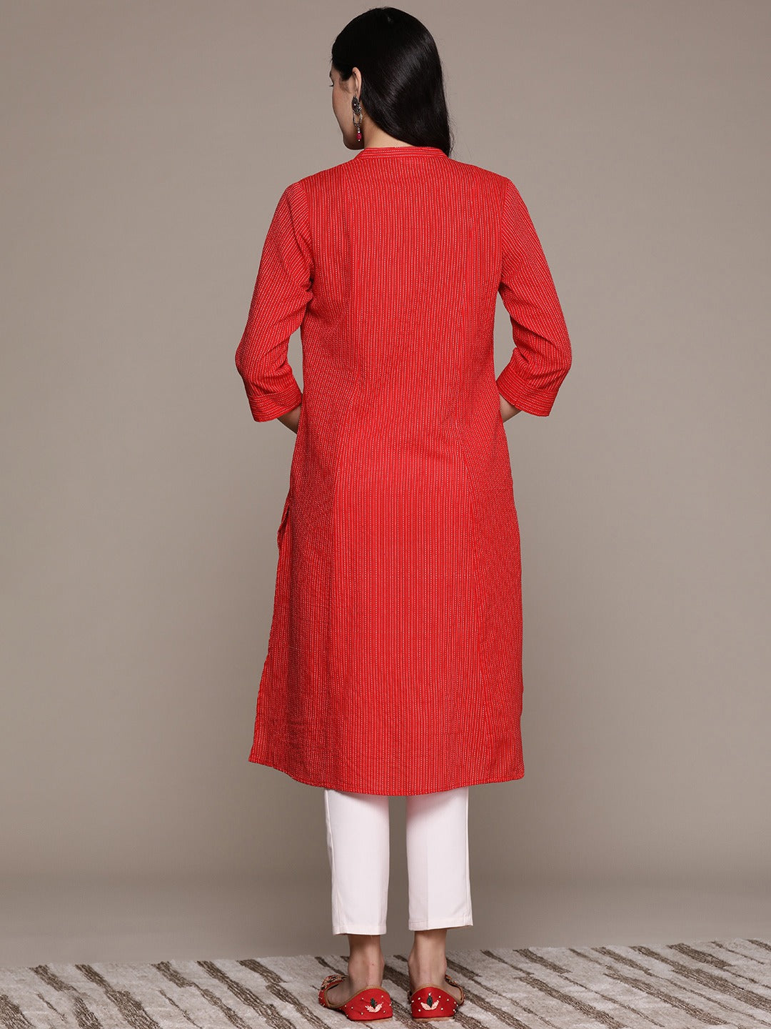A Line Style Cotton Fabric Red Color Kurta
