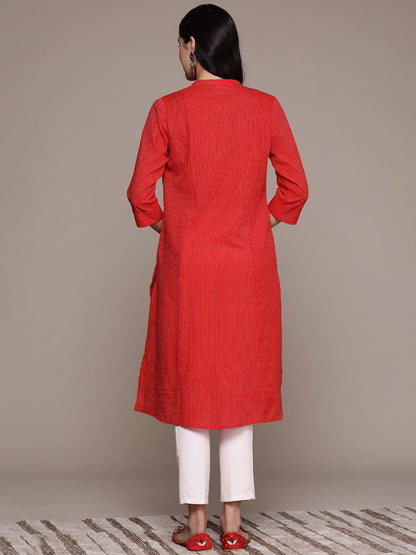 A Line Style Cotton Fabric Red Color Kurta