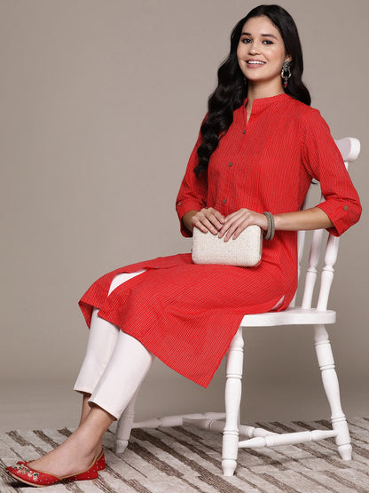 A Line Style Cotton Fabric Red Color Kurta