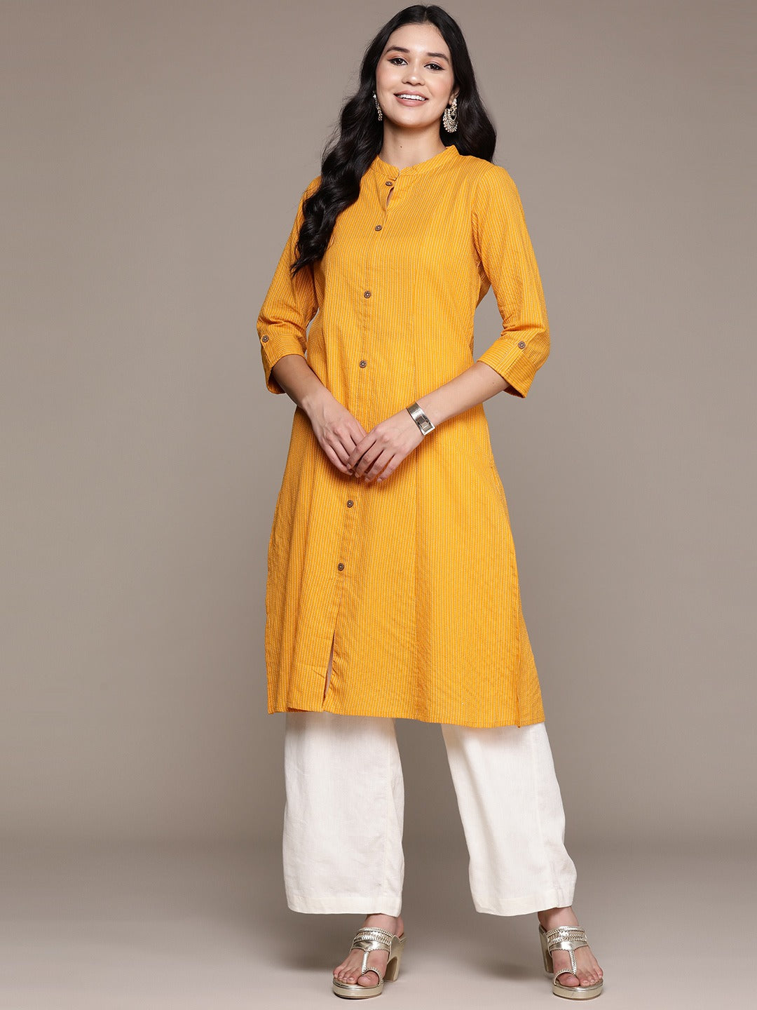 A Line Style Cotton Fabric Mustard Color Kurta