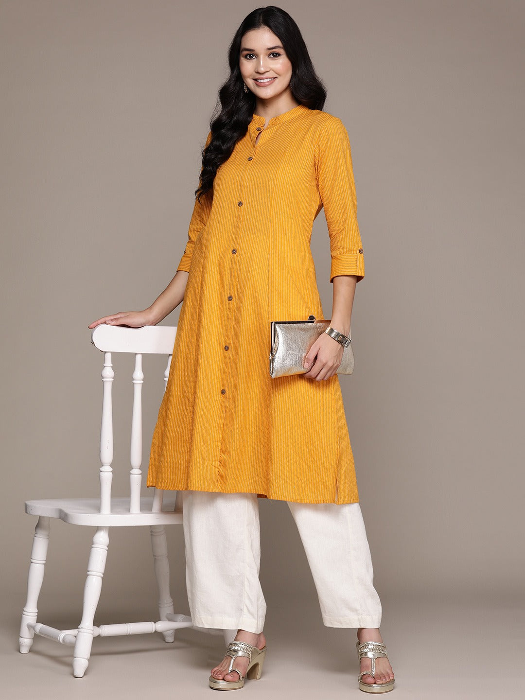 A Line Style Cotton Fabric Mustard Color Kurta